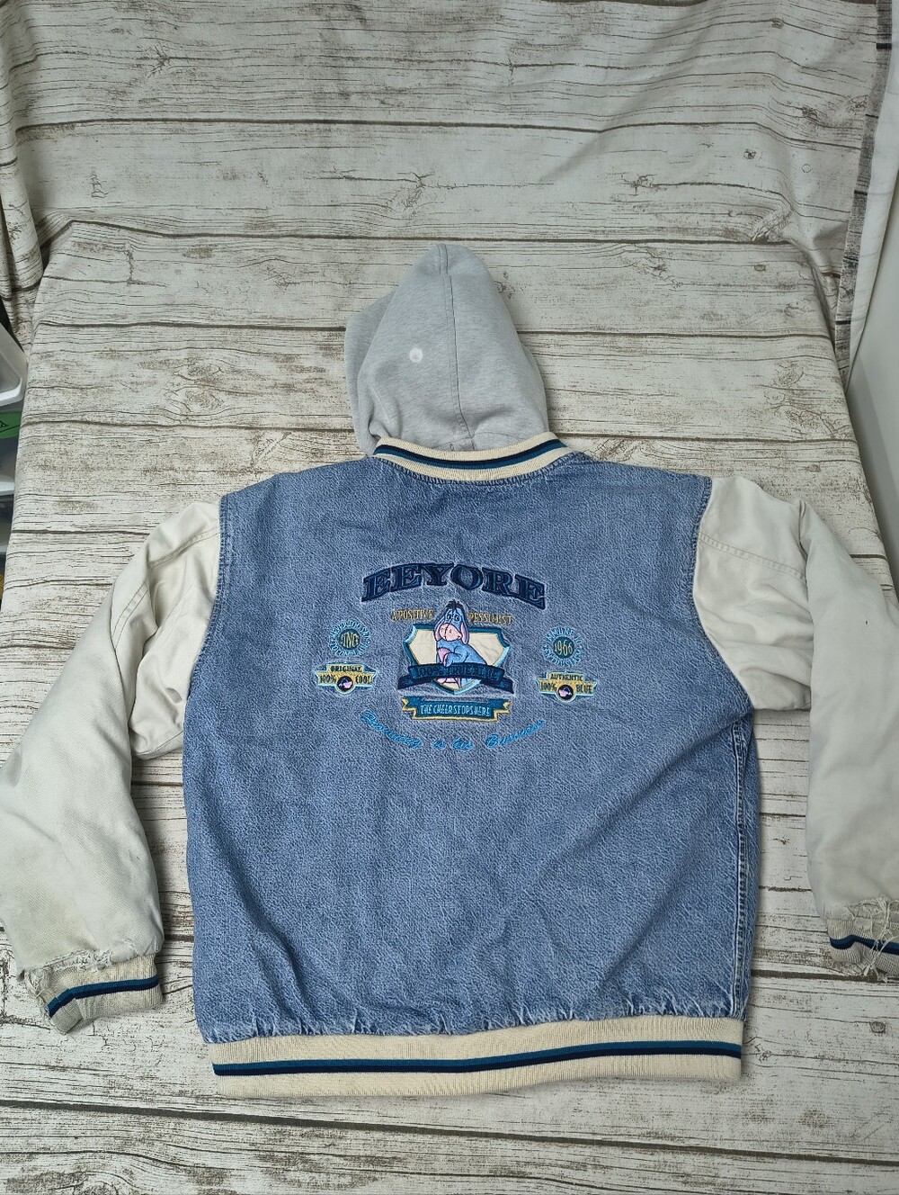 VTG 90s Disney Eeyore Thrashed Varsity Bomber Jacket Size Small